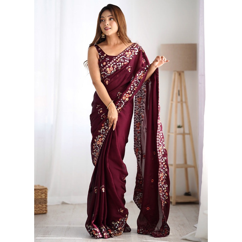 Wine Satin Silk Saree With Blouse Piece - JD986600766
