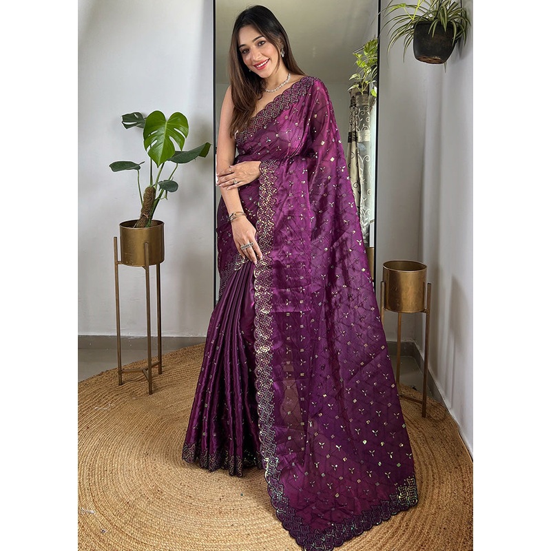 Wine Spun Silk Saree With Blouse Piece - JD986600764