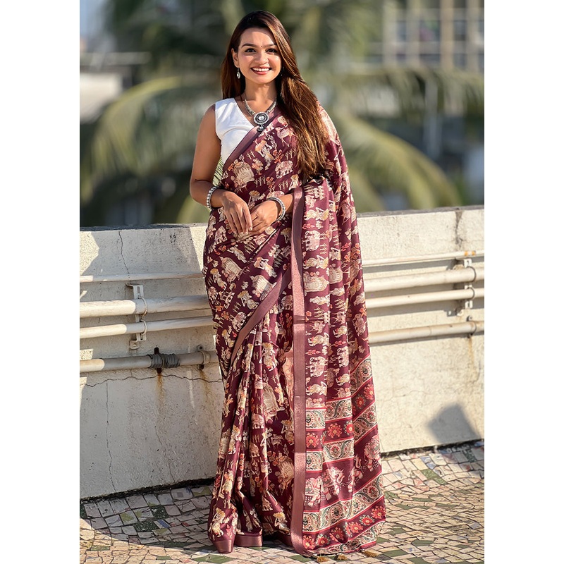 Wine Tussar Silk Saree With Blouse Piece - JD986600763