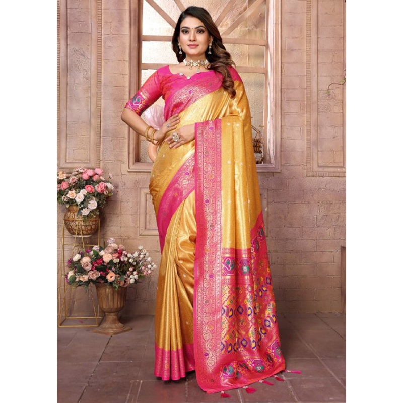 Yellow Banarasi Silk Saree With Blouse Piece - JD986600652