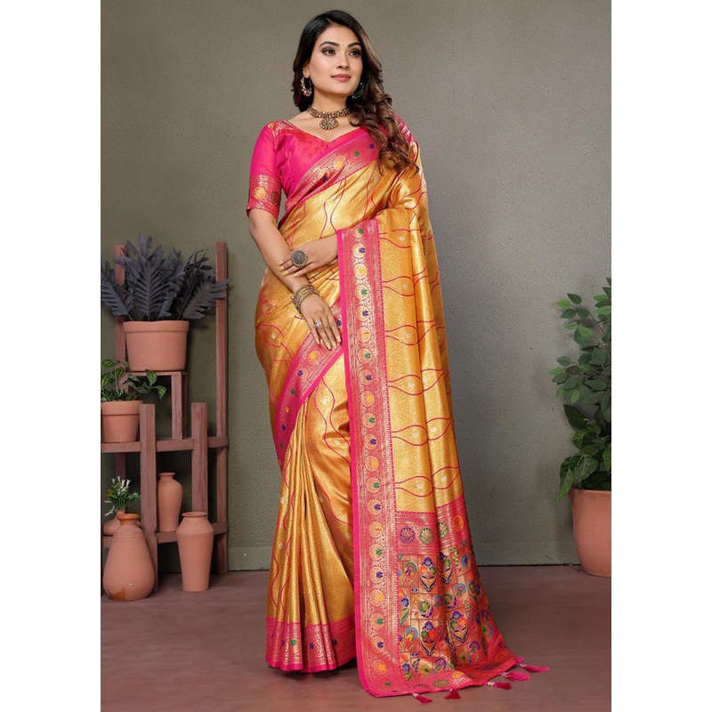 Yellow Banarasi Silk Saree With Blouse Piece - JD986600653