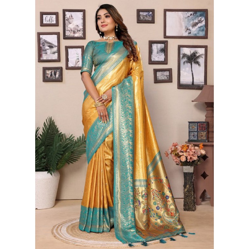 Yellow Banarasi Silk Saree With Blouse Piece - JD986600654