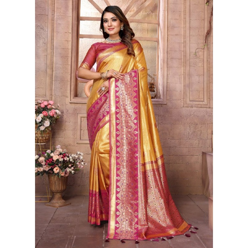 Yellow Banarasi Silk Saree With Blouse Piece - JD986600657