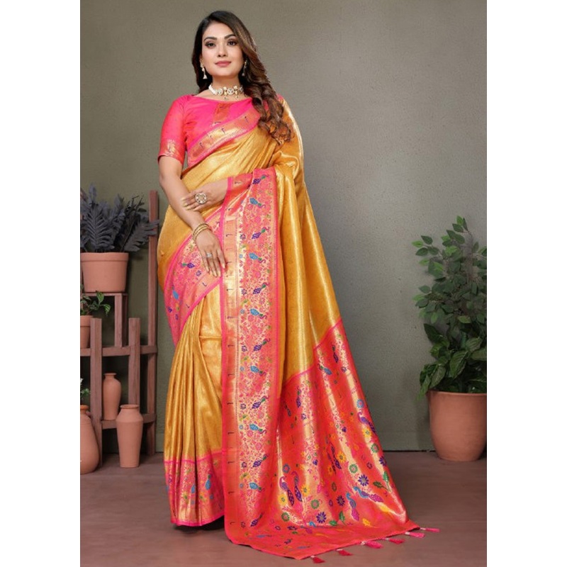 Yellow Banarasi Silk Saree With Blouse Piece - JD986600658
