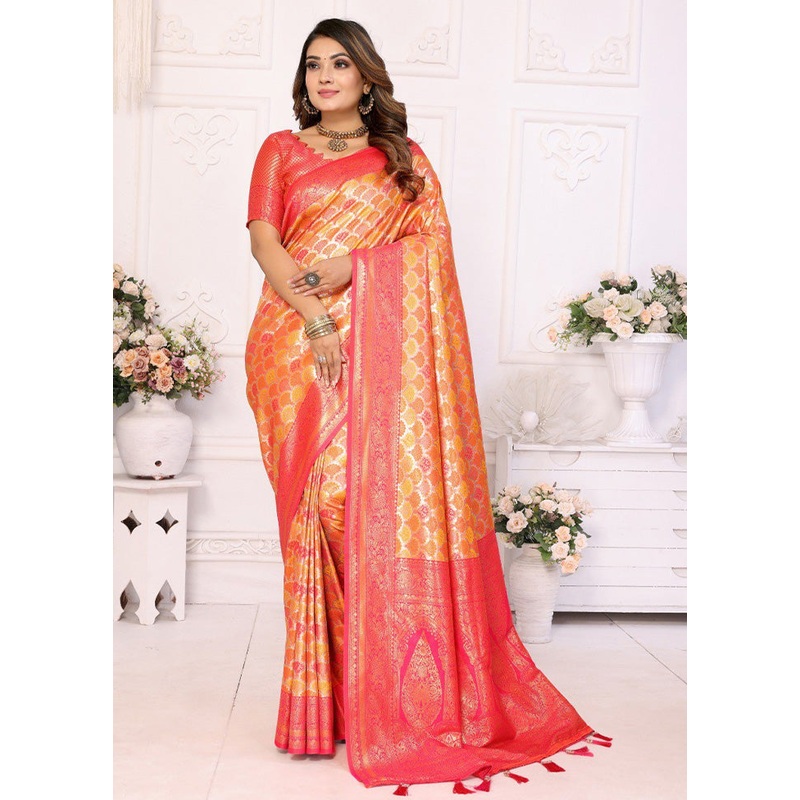 Yellow Banarasi Silk Saree With Blouse Piece - JD986600708