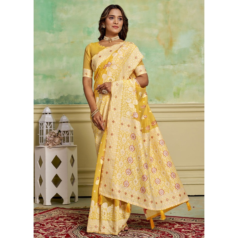 Yellow Cotton Saree With Blouse Piece - JD986600759