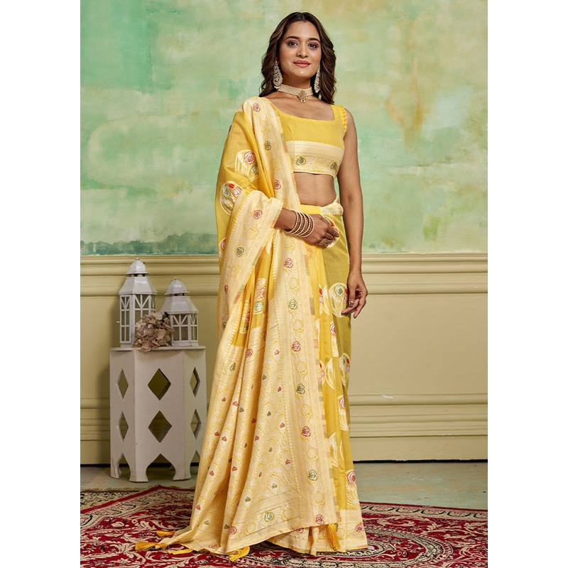 Yellow Cotton Saree With Blouse Piece - JD986600760