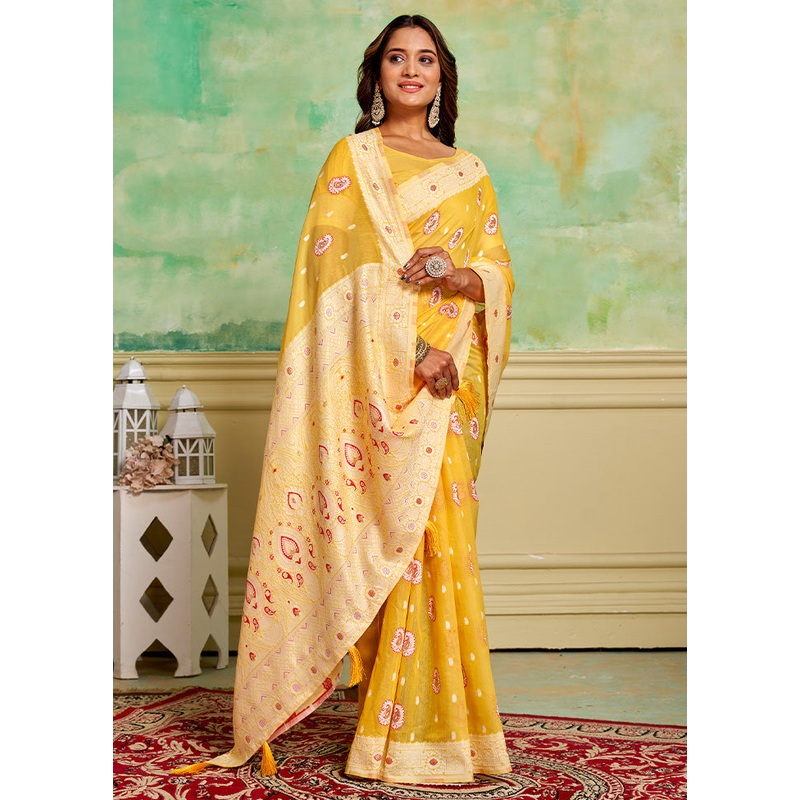 Yellow Cotton Saree With Blouse Piece - JD986600762