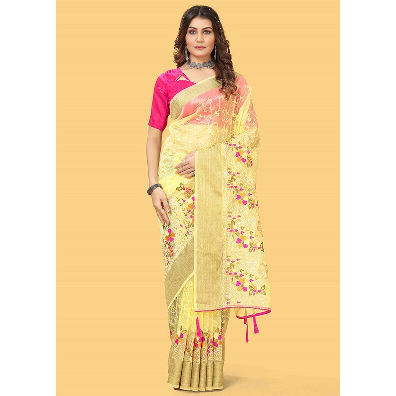 Yellow Organza Saree With Blouse Piece - JD986600757