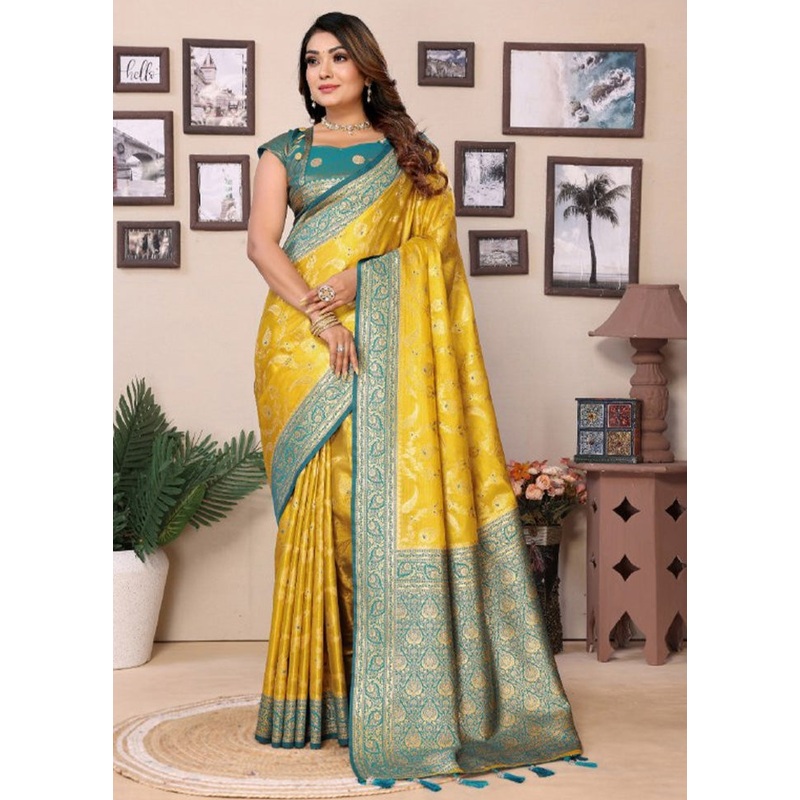 Yellow Spun Silk Saree With Blouse Piece - JD986600651