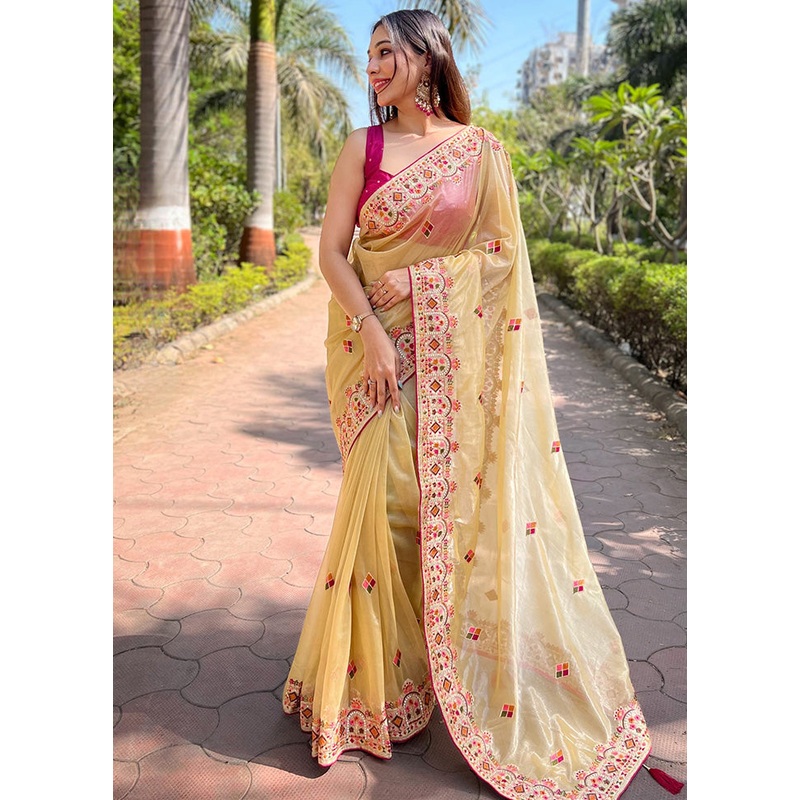 Yellow Spun Silk Saree With Blouse Piece - JD986600752