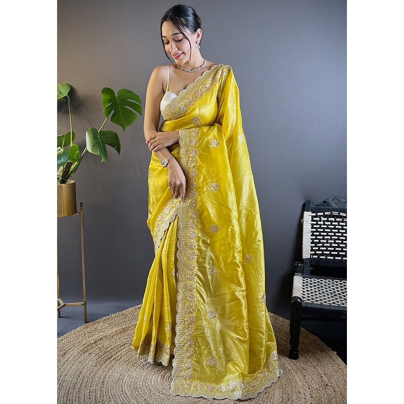 Yellow Spun Silk Saree With Blouse Piece - JD986600753
