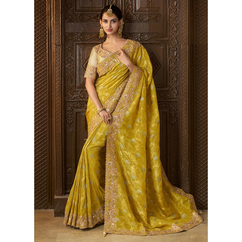 Yellow Spun Silk Saree With Blouse Piece - JD986600754