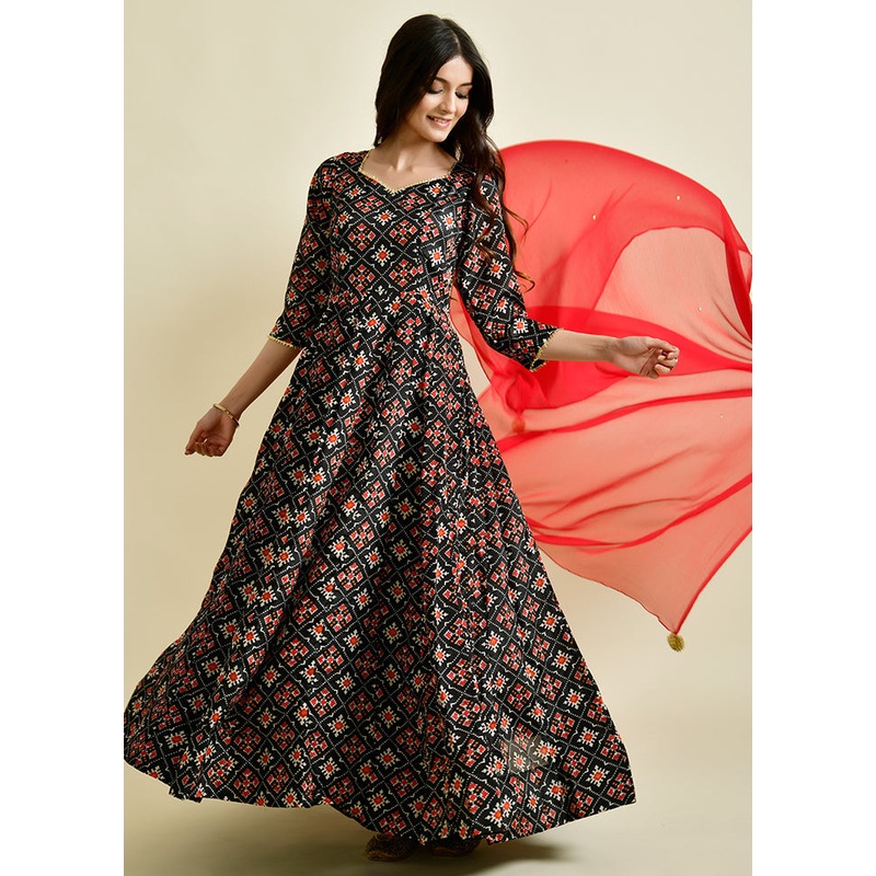 2 Pc Black Bandhani Cotton Kurti Set - JD986600499