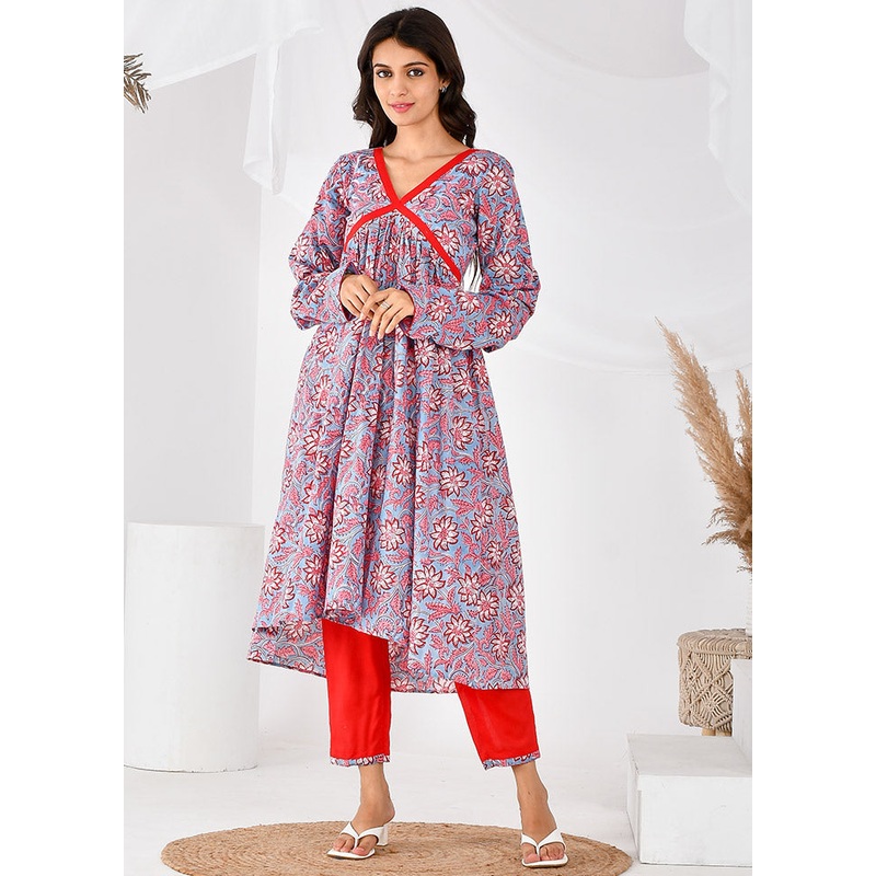 2 Pc Blue Cotton Printed Kurti Set - JD986600526