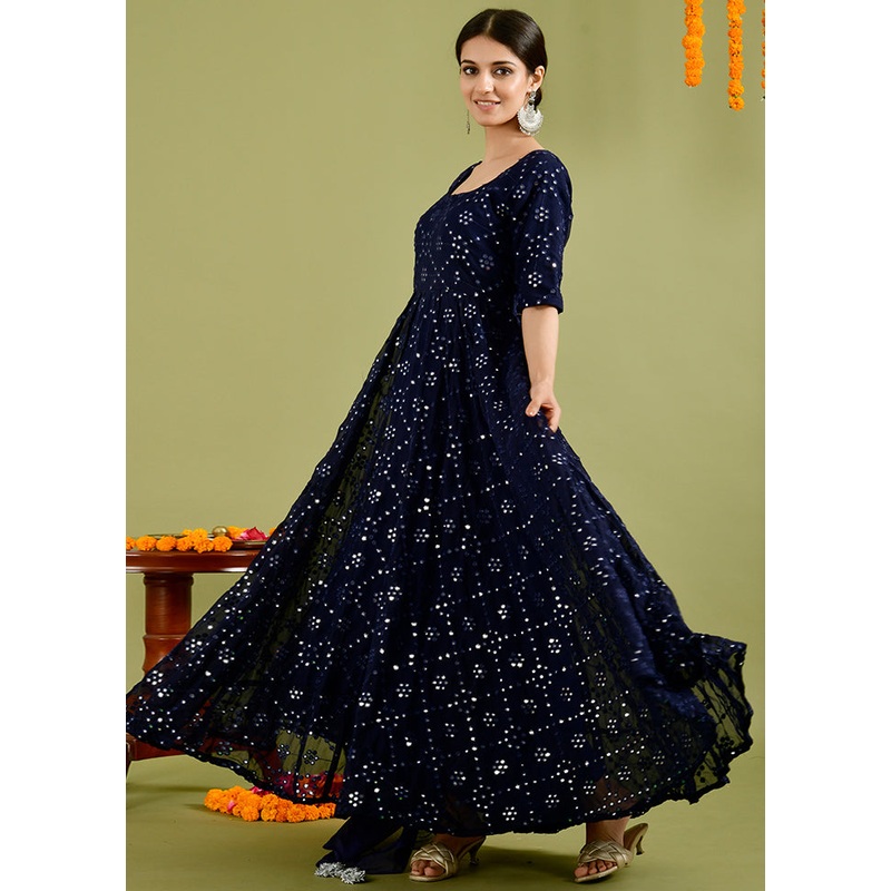 2 Pc Blue Mirror Work Georgette Kurti Set - JD986600508