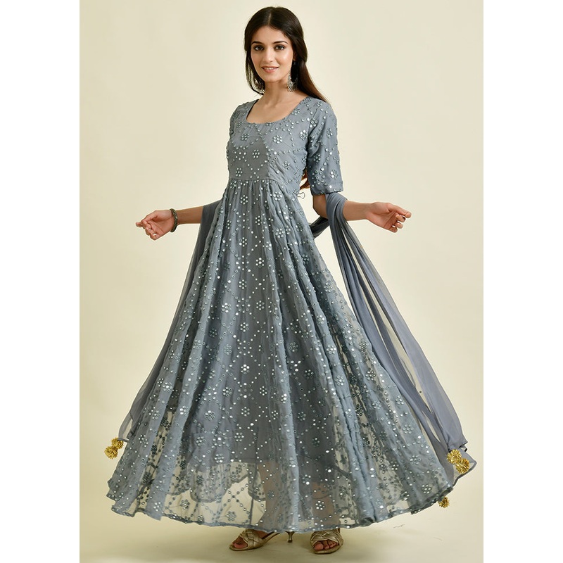 2 Pc Grey Mirror Work Georgette Kurti Set - JD986600504
