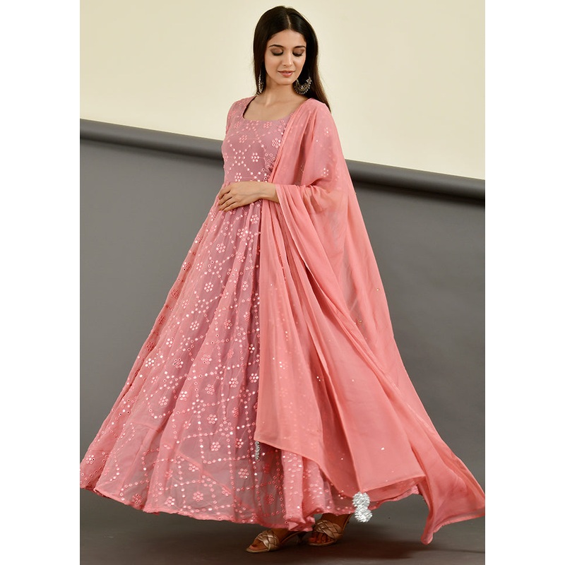2 Pc Pink Mirror Work Georgette Kurti Set - JD986600505