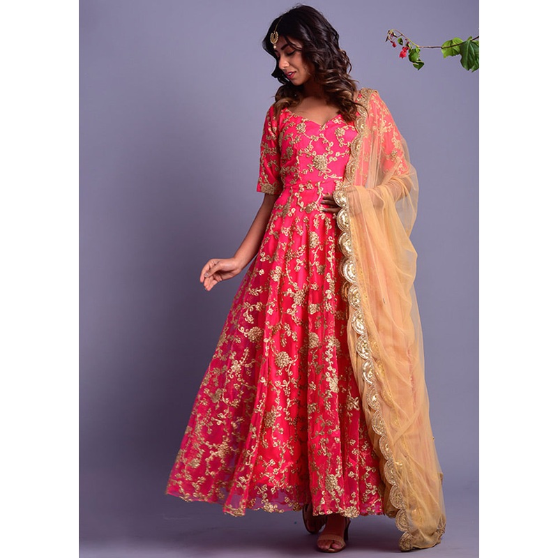 2 Pc Pink Net Anarkali With Dupatta - JD986600509