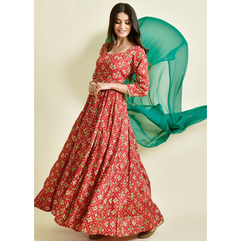 2 Pc Red Bandhani Blended Silk Kurti Set - JD986600500
