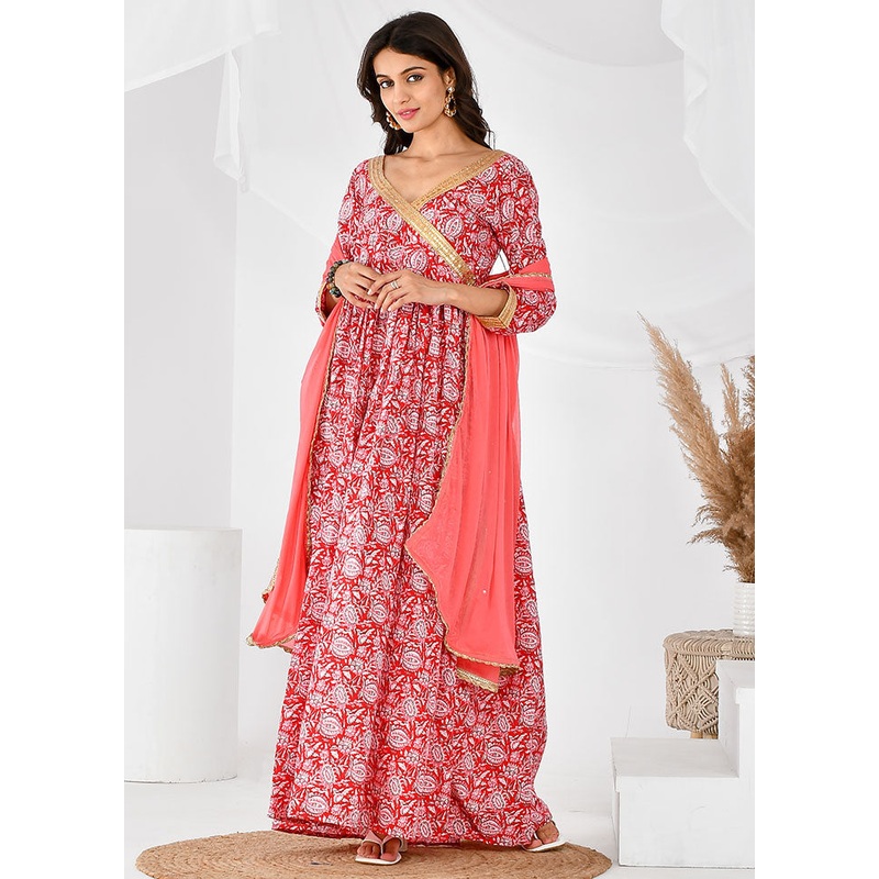 2 Pc Red Cotton Printed Kurti Set - JD986600578