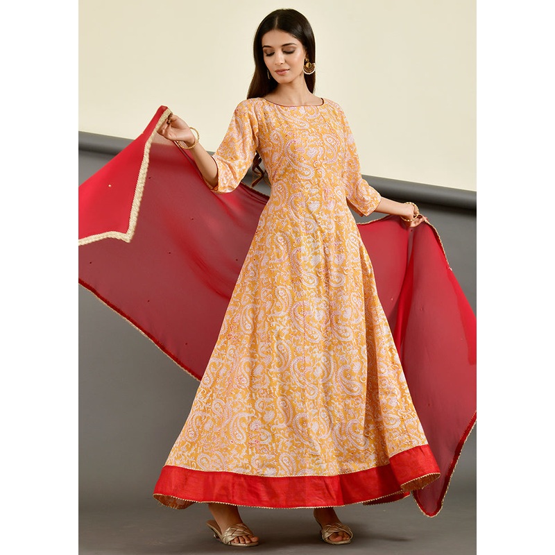 2 Pc Yellow Block Print Cotton Kurti Set - JD986600503