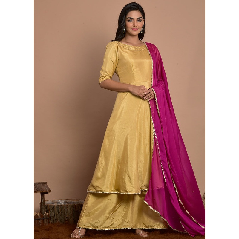 3 Pc Beige Georgette Sharara Suit Set With Dupatta - JD986600523