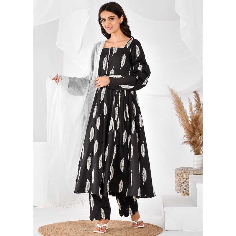 3 Pc Black Cotton Printed Suit Set - JD986600482
