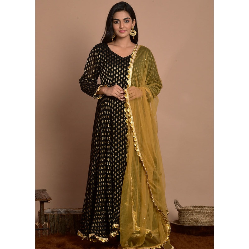 3 Pc Black Georgette Suit Set With Dupatta - JD986600518