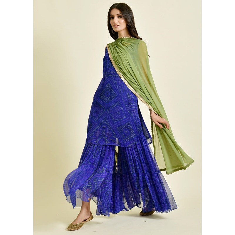 3 Pc Blue Chiffon Sharara Suit Set With Dupatta - JD986600485