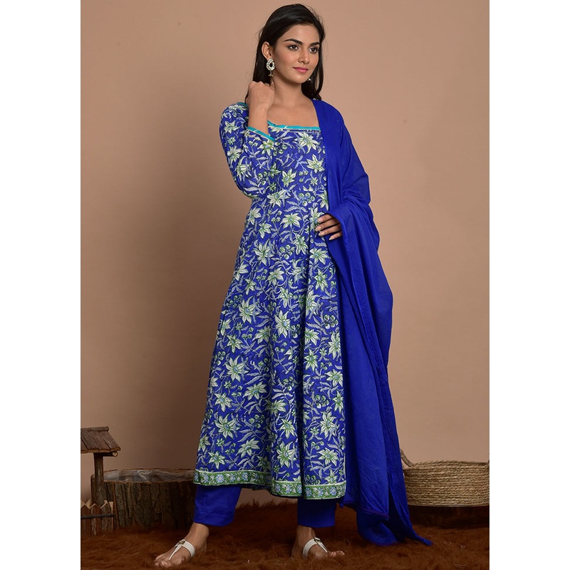 3 Pc Blue Cotton Suit Set With Dupatta - JD986600519