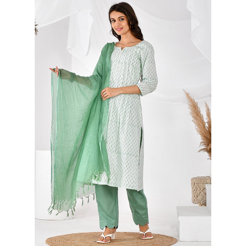 3 Pc Green Cotton Printed Suit Set - JD986600481
