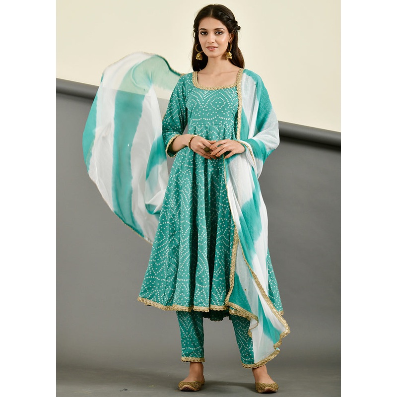 3 Pc Green Cotton Suit Set With Dupatta - JD986600493