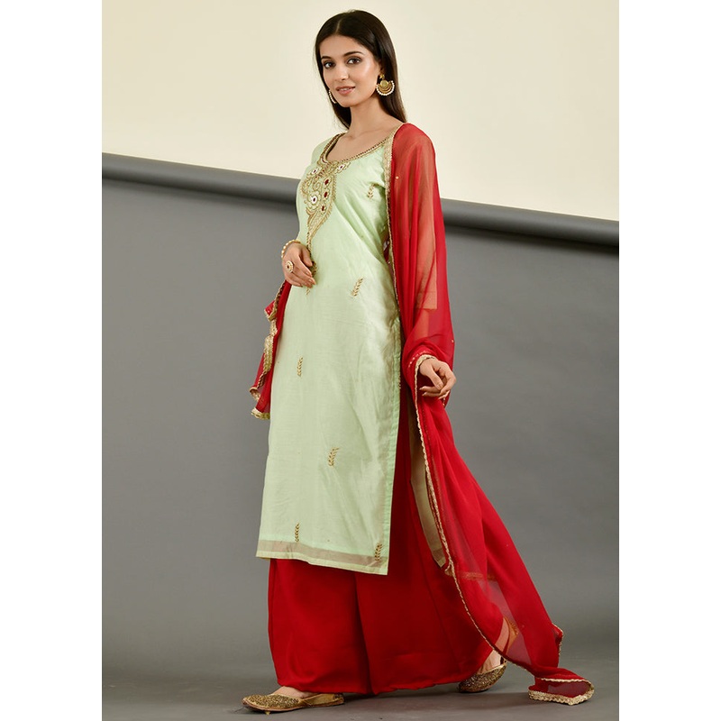3 Pc Green Zardozi Work Chanderi Suit Set With Dupatta - JD986600491