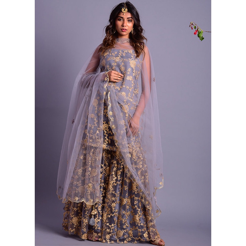 3 Pc Grey Net Sharara Suit With Dupatta - JD986600514