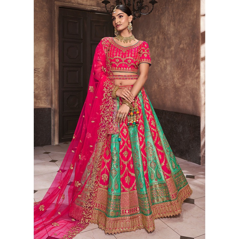 3 Pc Pink Silk Semi Stitched Lehenga Set - JD986600626