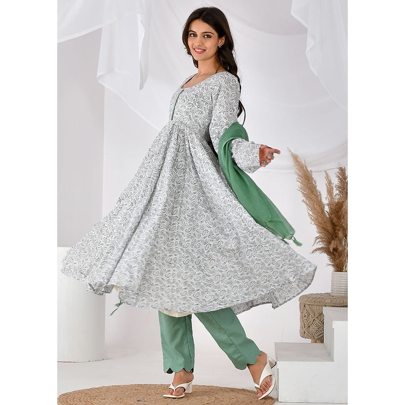 3 Pc White Cotton Printed Suit Set - JD986600479