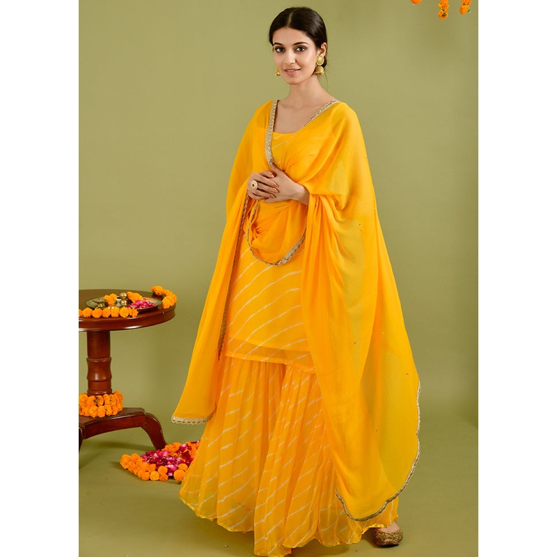 3 Pc Yellow Chiffon Sharara Suit Set With Dupatta - JD986600494