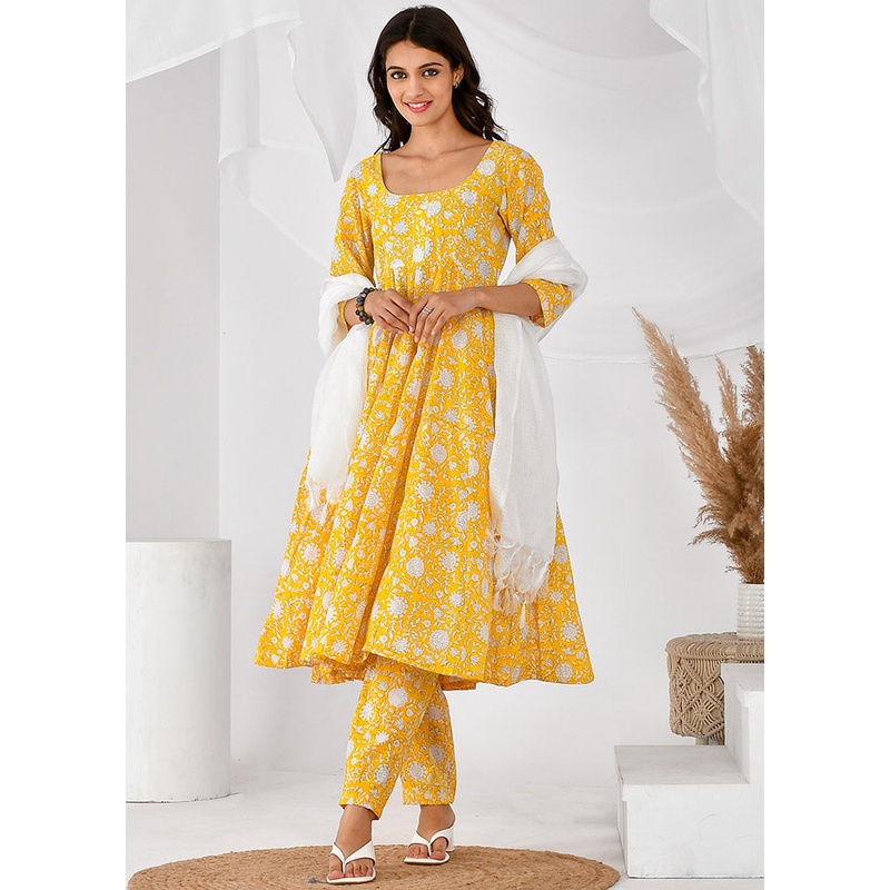 3 Pc Yellow Cotton Printed Suit Set - JD986600480
