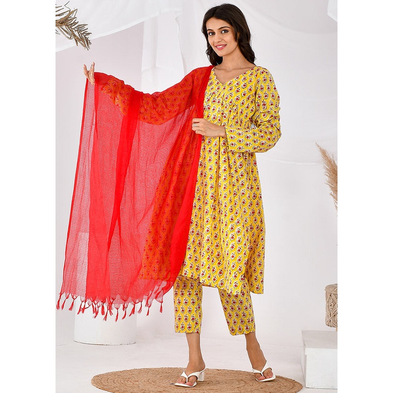 3 Pc Yellow Cotton Printed Suit Set - JD986600483