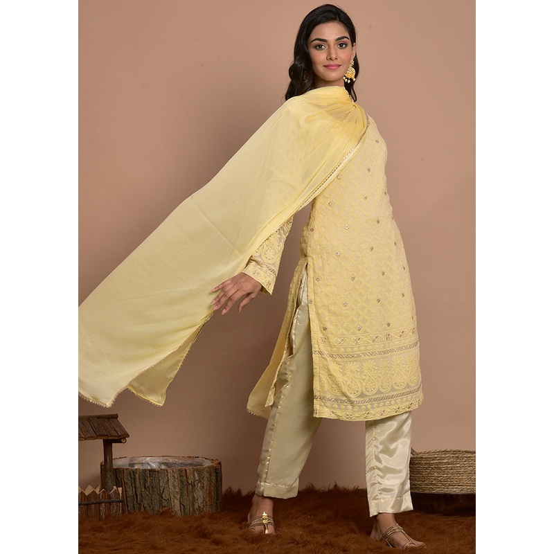 3 Pc Yellow Georgette Suit Set With Dupatta - JD986600522