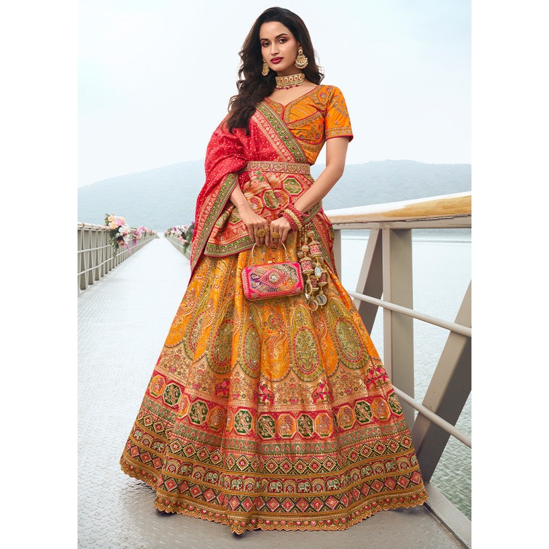 3 Pc Yellow Silk Semi Stitched Lehenga Set - JD986600618