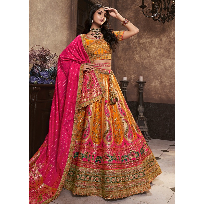 3 Pc Yellow Silk Semi Stitched Lehenga Set - JD986600619