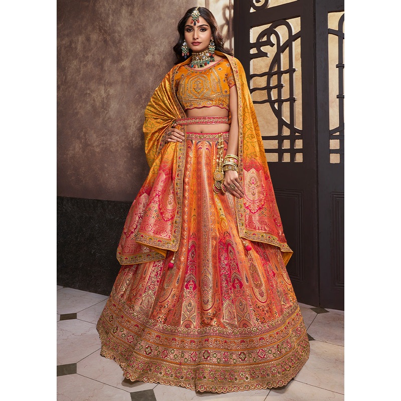 3 Pc Yellow Silk Semi Stitched Lehenga Set - JD986600620