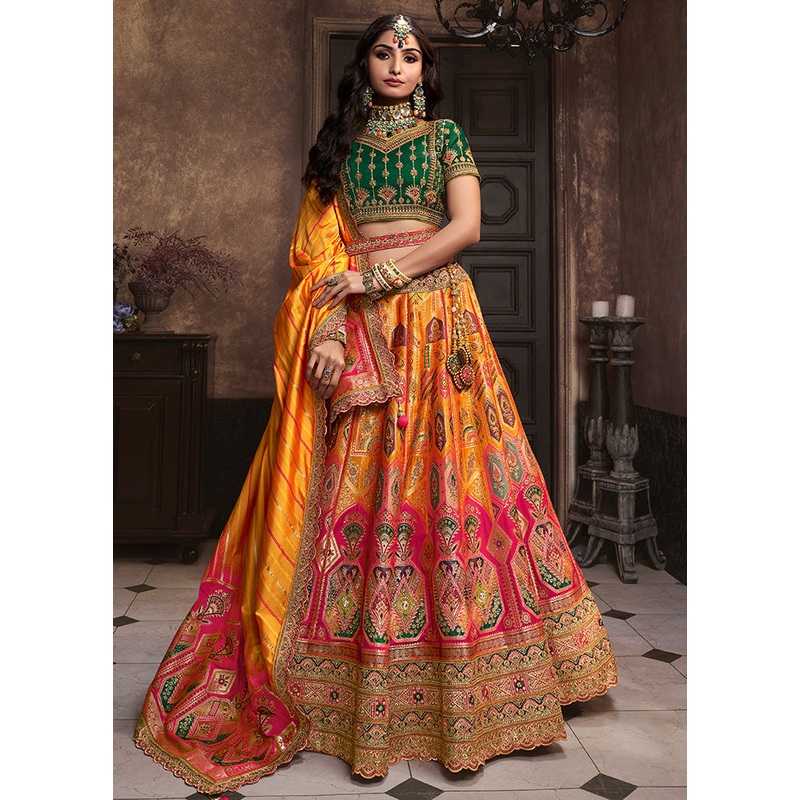 3 Pc Yellow Silk Semi Stitched Lehenga Set - JD986600621