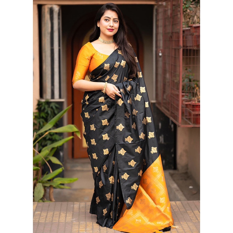 Black Banarasi Silk Saree With Blouse Piece - JD986600580