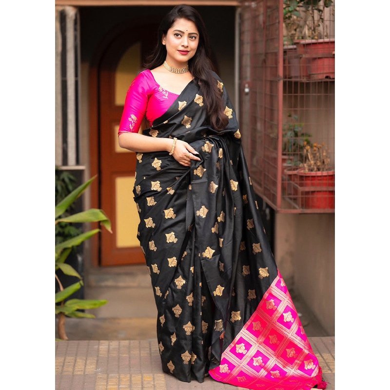 Black Banarasi Silk Saree With Blouse Piece - JD986600595