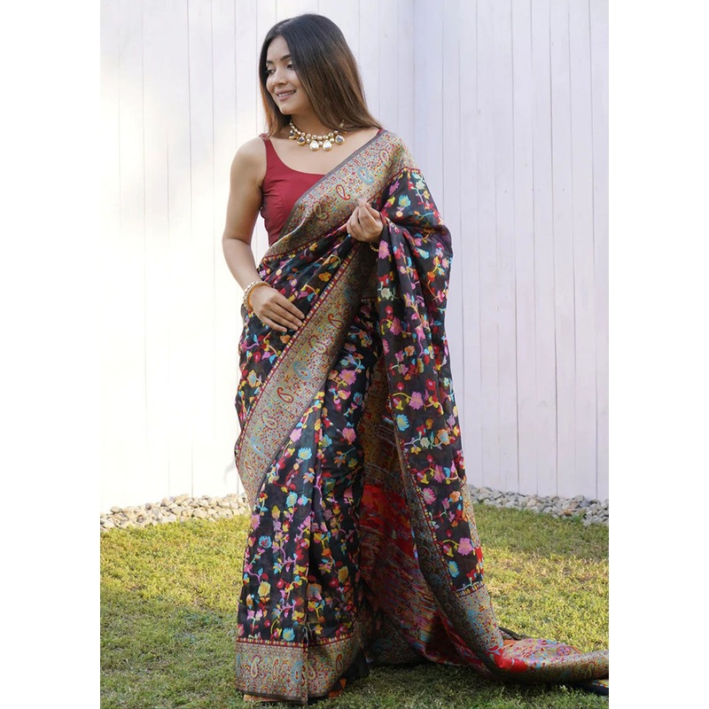 Black Banarasi Silk Saree With Blouse Piece - JD986600608