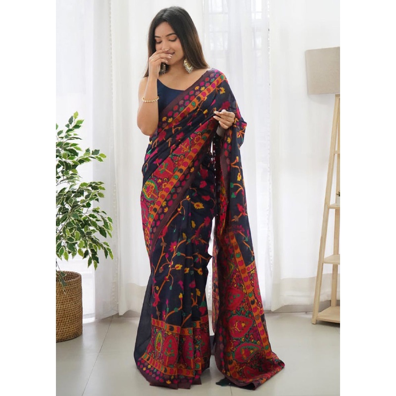 Black Banarasi Silk Saree With Blouse Piece - JD986600614