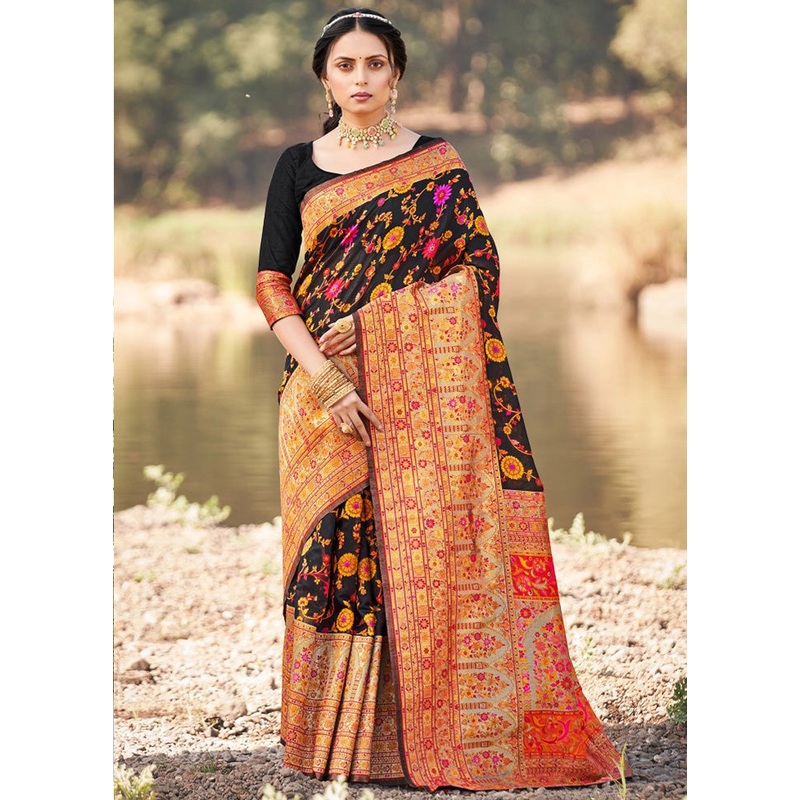 Black Banarasi Silk Saree With Blouse Piece - JD986600616